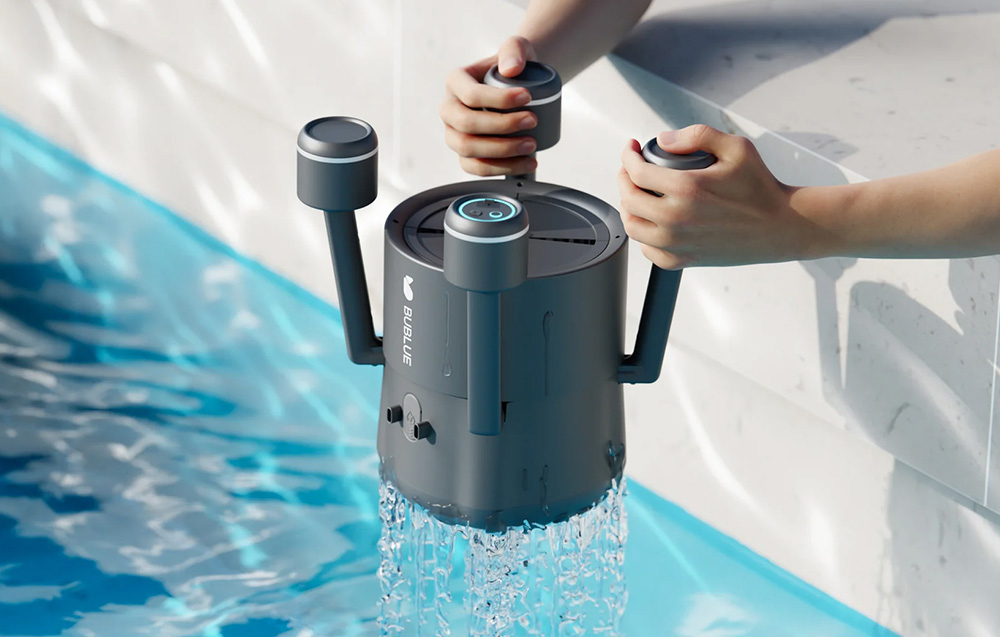 Hands remove cylindrical filter modules from the body of the floating robot held above the water