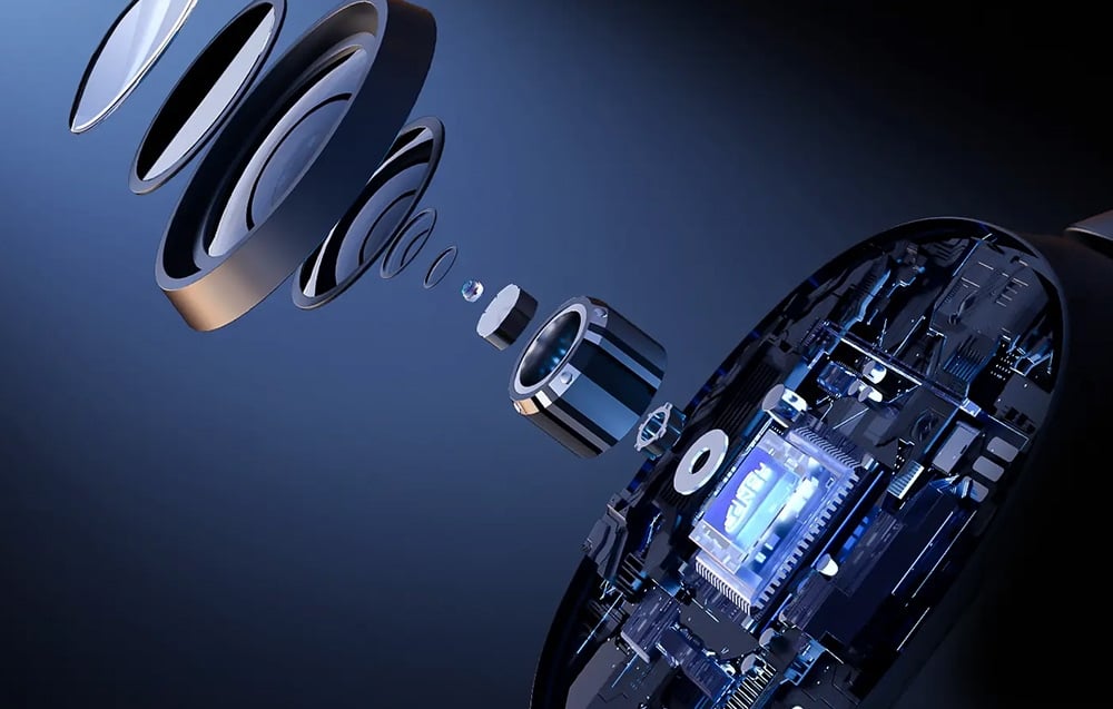 Camera cross-section showing the lens and a blue-glowing processor