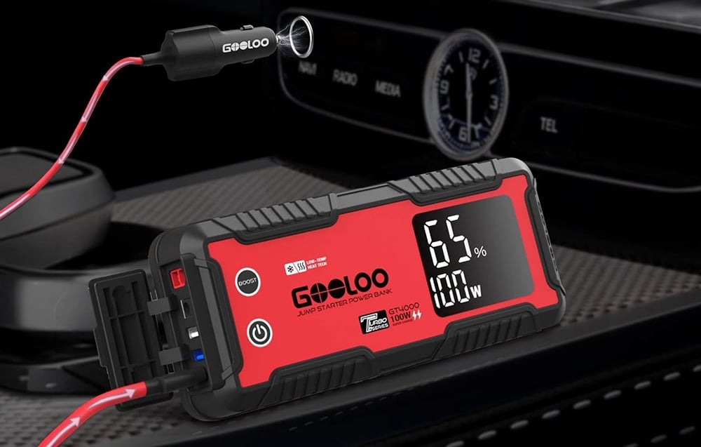 Car starter connected to a car cigarette lighter socket with a display showing 65%