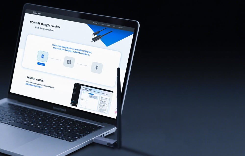 ZigBee gateway connected to a laptop with the Sonoff website displayed.