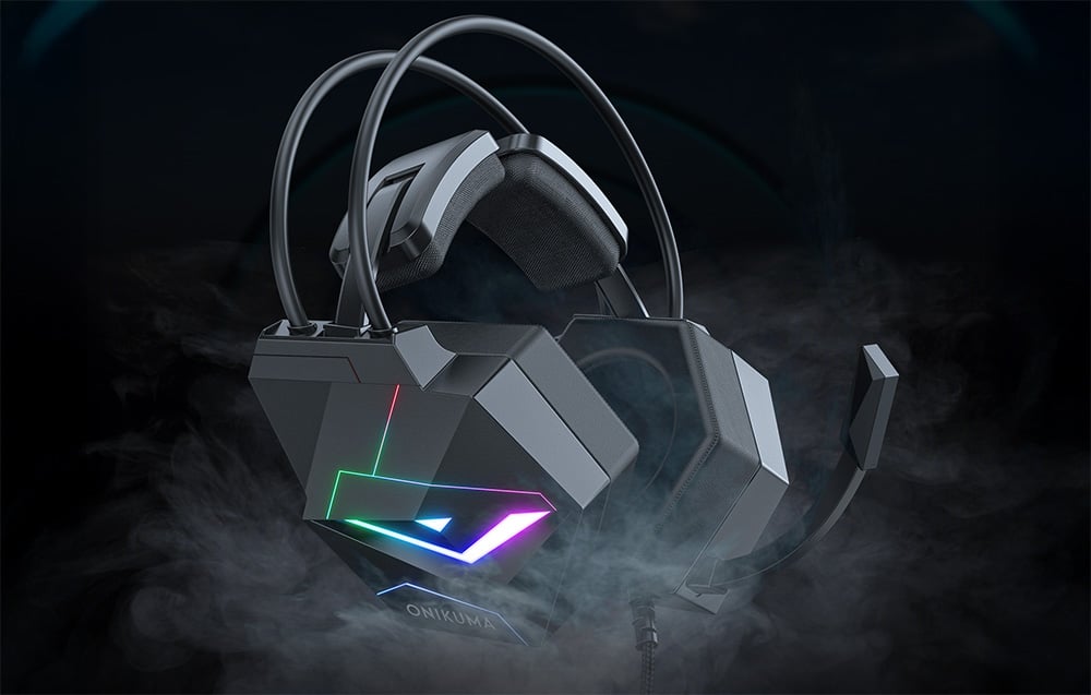 Gaming headphones on a black background, with smoke swirling around them