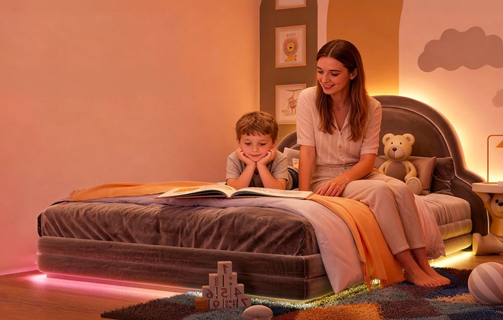 A woman reads a book to her child in a room lit by a colorful LED strip