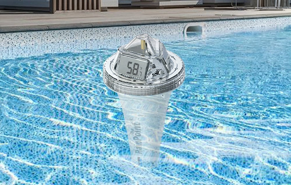 Floating pool temperature sensor displaying 58.7 °F