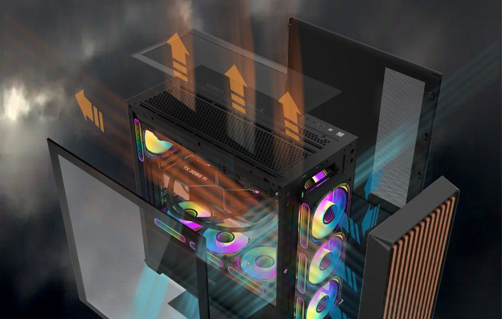 Computer case and arrows showing the direction of air ventilation.