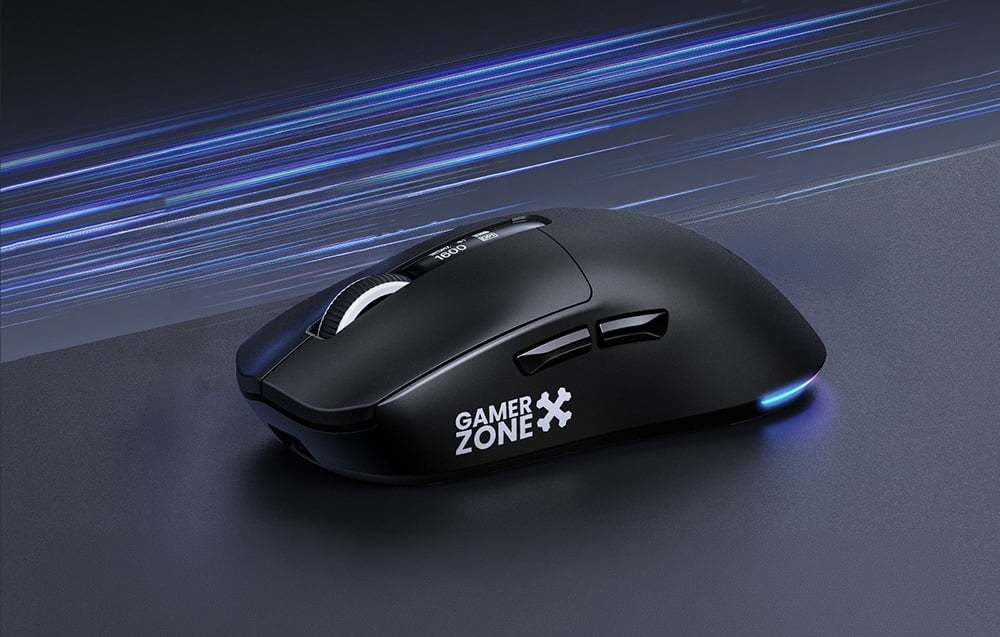 Black Onikuma gaming mouse on a dark background with blue backlighting