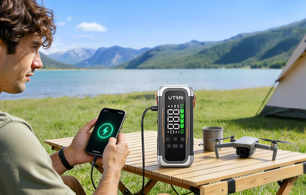 A car starter is placing a phone on a wooden table during a camping trip by the lake.