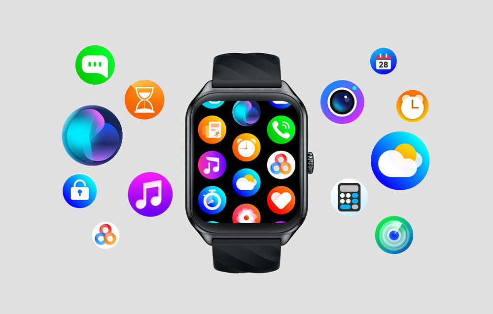 A Zeblaze smartwatch in black displaying various app and function icons, with other function icons around it