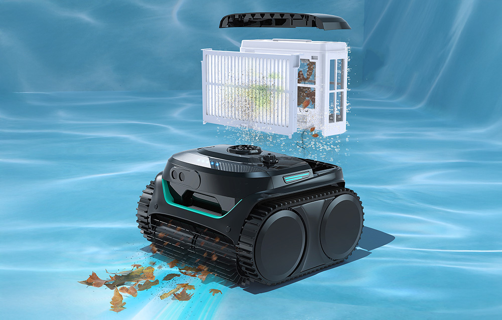 Black pool robot with turquoise accents at the bottom of the pool with an open white filter full of collected debris floating above the device