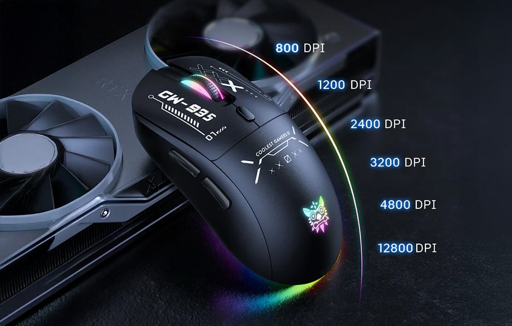 Black gaming mouse based on graphics card with numerical DPI values