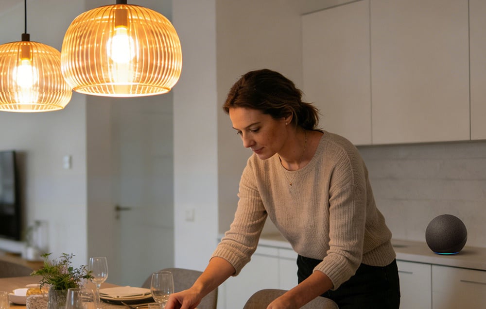 A woman setting the table in a cozily lit kitchen with an Amazon Echo speaker