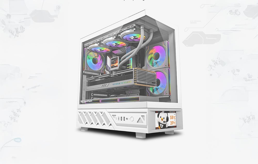 White computer case with colorful RGB fans and temperature display on a light background