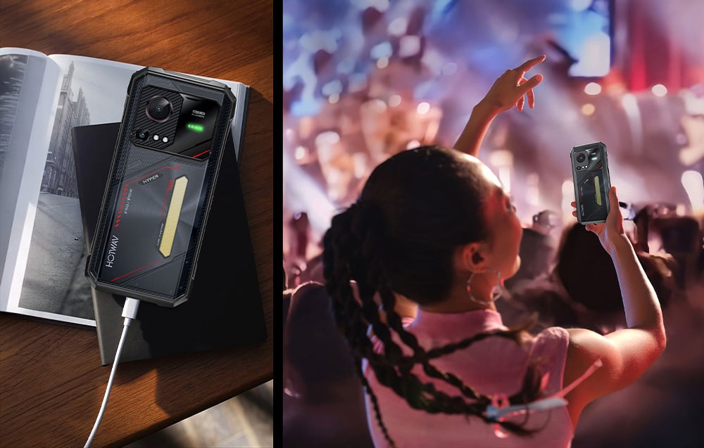 A combination of two scenes: on the left, a HOTWAV smartphone charging on a desk; on the right, a woman at a concert holding her phone up.