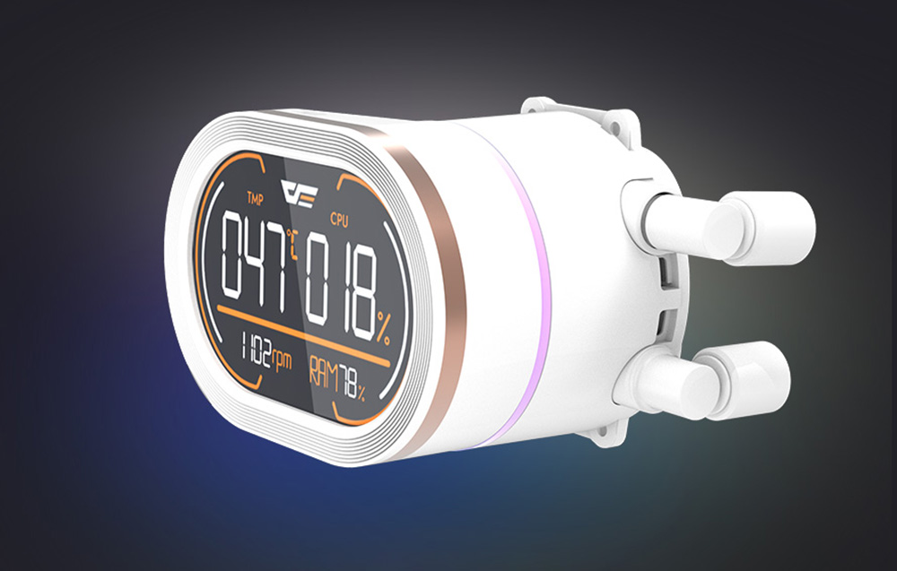 A white CPU water block with an oval LCD screen