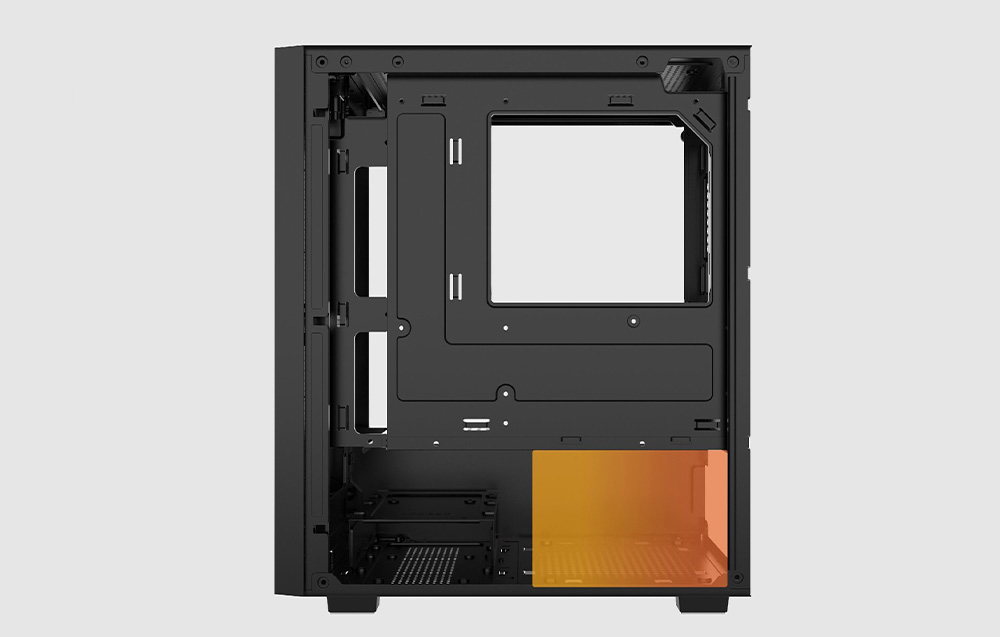 A Darkflash M305 Mesh chassis standing on its side with the CPU mounting location marked on it.