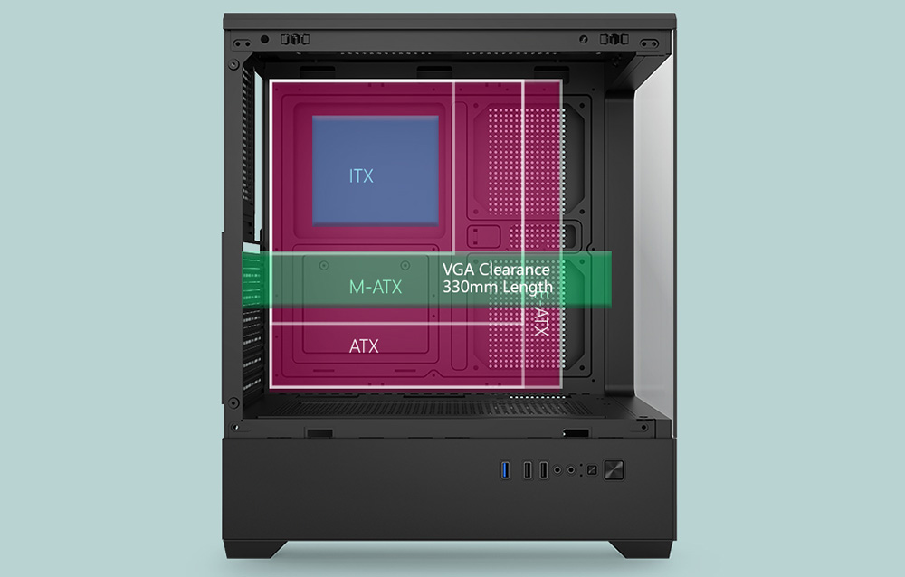 Component assembly diagram in a black PC case