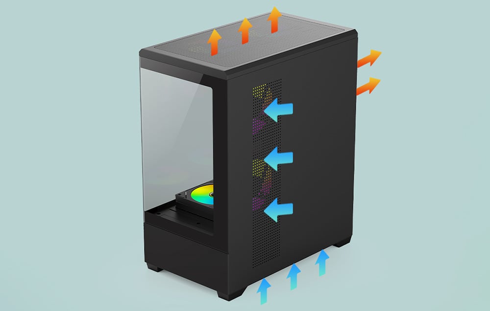 Visualization of airflow in a black PC case with arrows on a light background