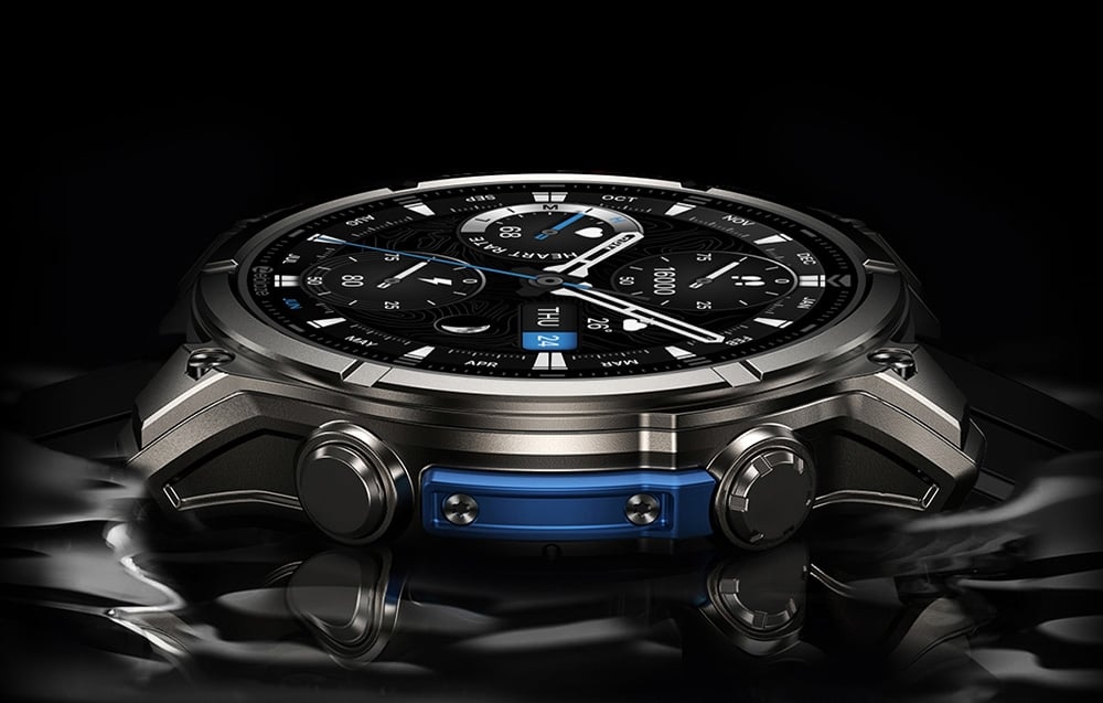Side view of smartwatch with metal envelope and black strap on black background with reflection