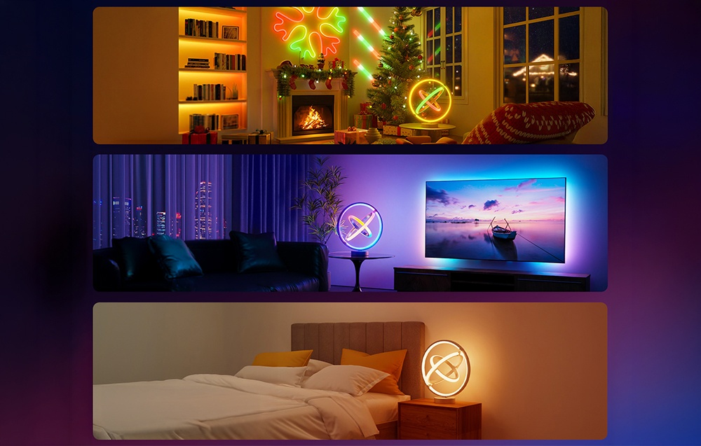 Three different interiors in the frames: a living room with a Christmas tree, a modern room with a TV, and a bedroom with a desk lamp.