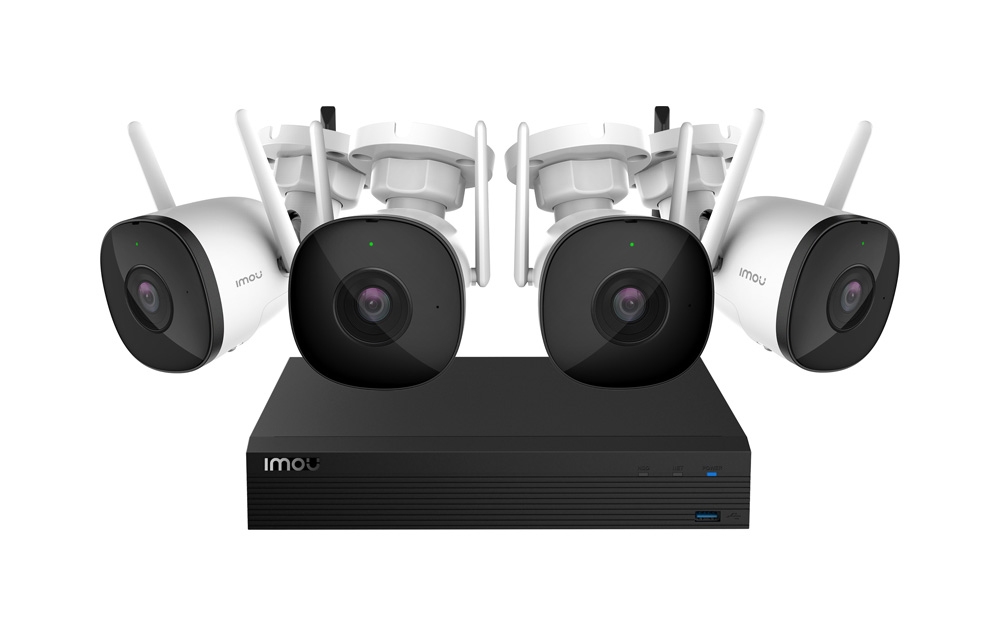 Four white Imou cameras with two antennas positioned above a black recorder with the word