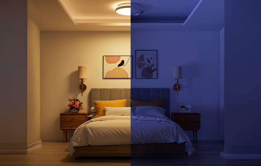 A bedroom divided vertically into two types of lighting: warm, yellow on the left and cool, blue on the right.