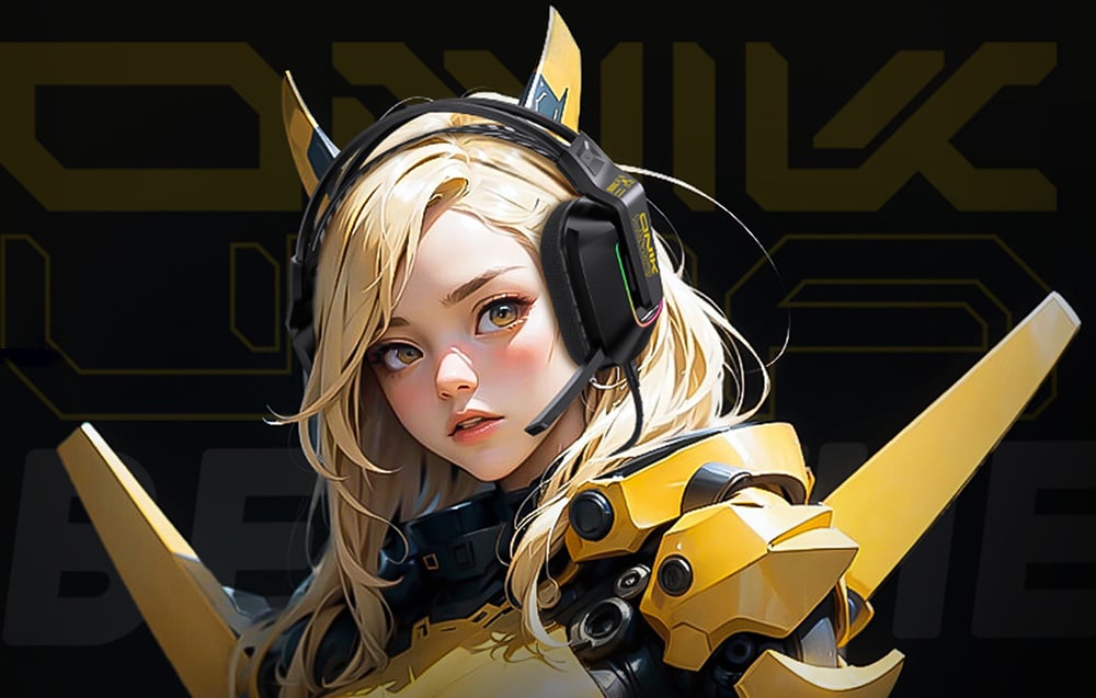 Cartoon woman with blonde hair and futuristic yellow costume wearing Onikuma headphones