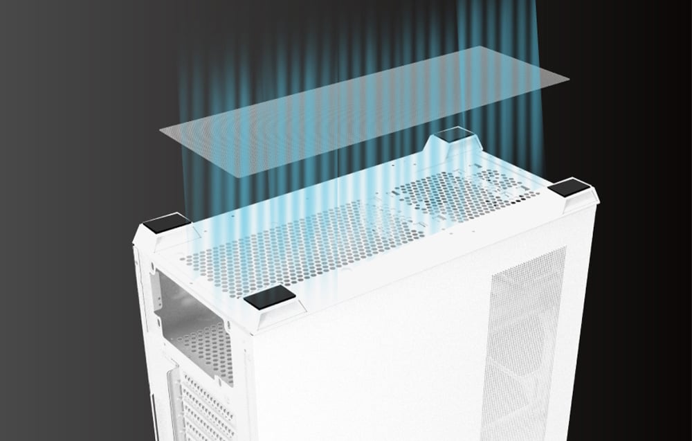 The bottom of the white computer case made of metal mesh.