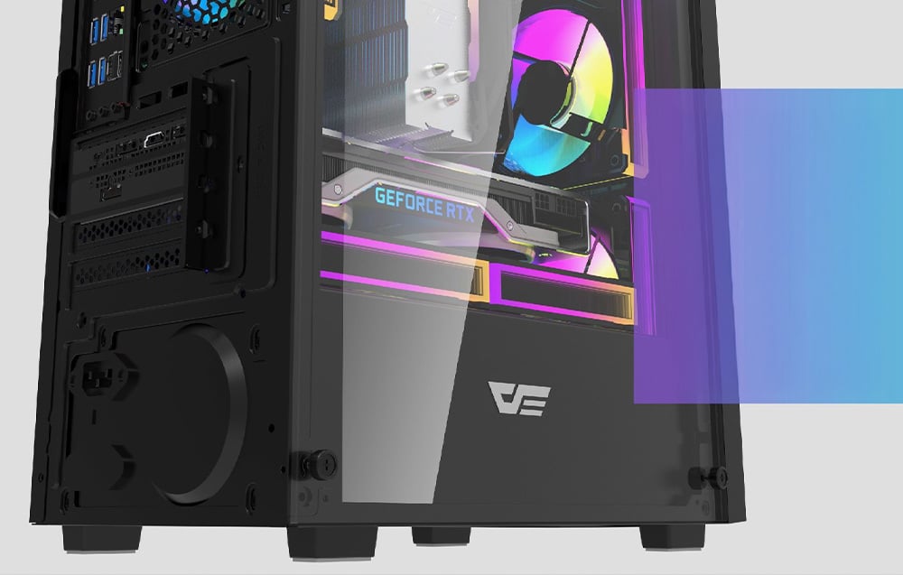 Close-up of the bottom of the Darkflash M305 computer case.