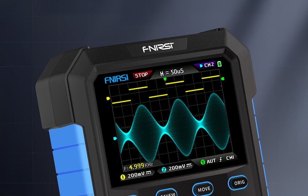Handheld oscilloscope with a display showing two sine waves in turquoise on a black background with a grid