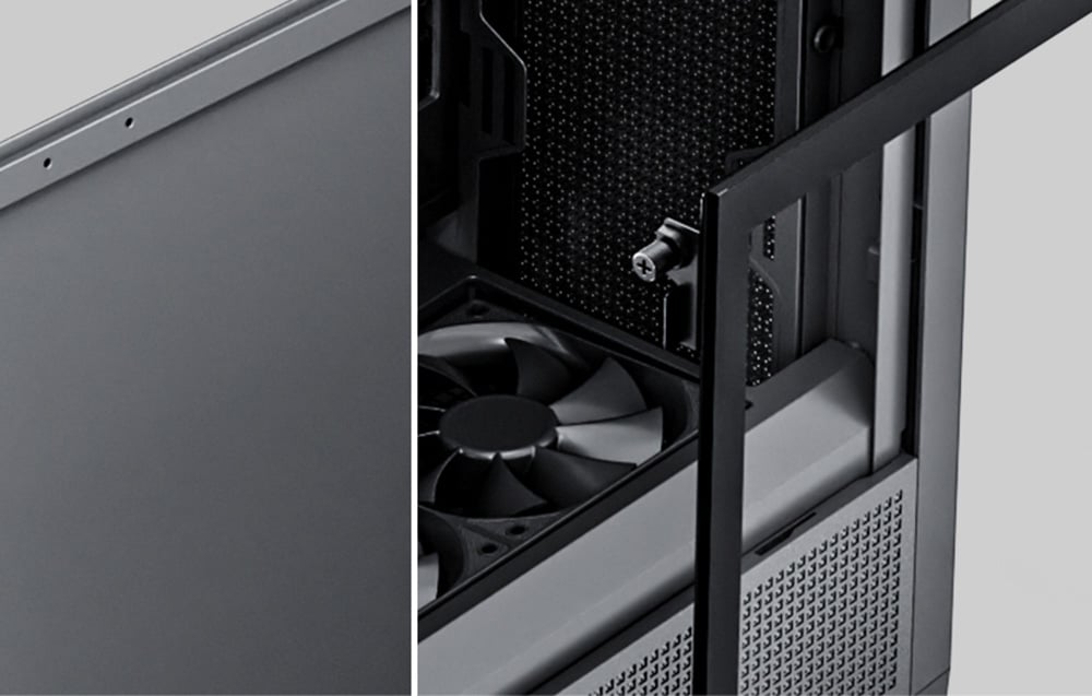 Close-up of the interior of a black computer case with fans