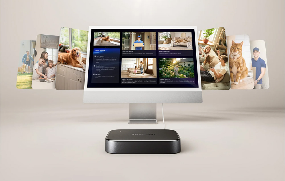 A computer monitor with a camera preview interface, surrounded by photos depicting various home scenes, with a SwitchBot gateway below the screen.