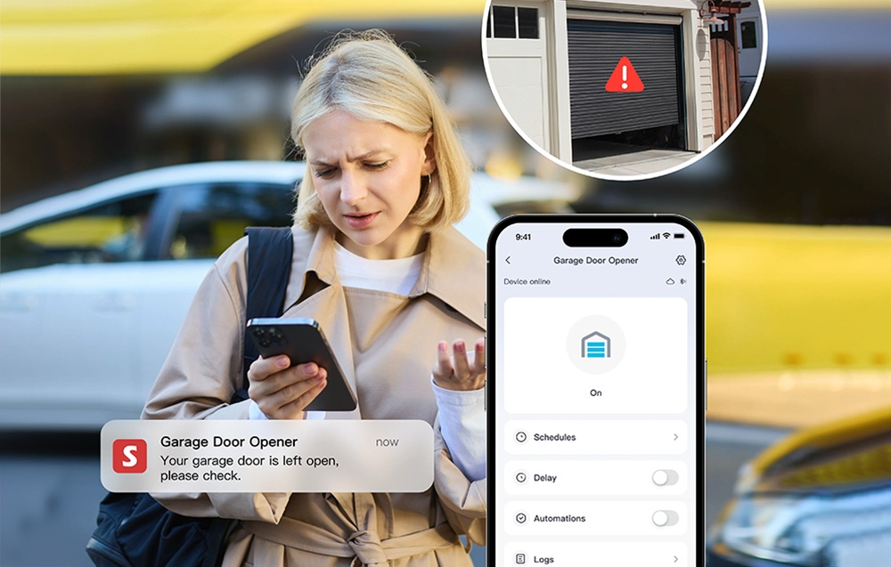 Woman receives notification of open garage door on smartphone