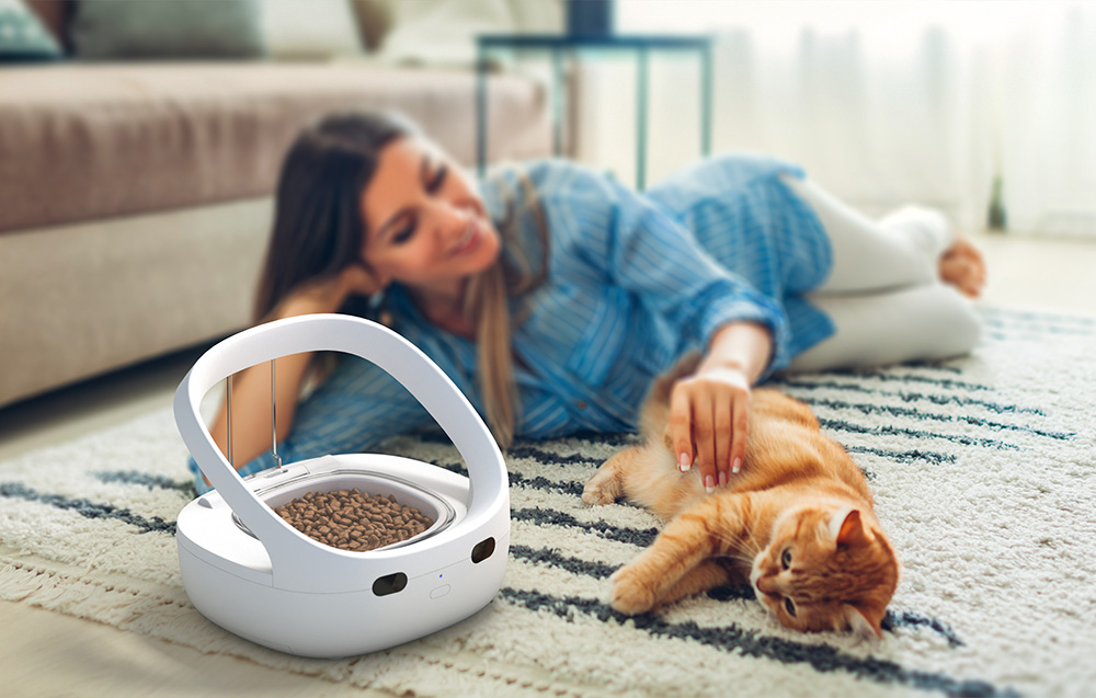 A woman lying on the carpet, stroking a red cat next to an automatic food dispenser with food inside