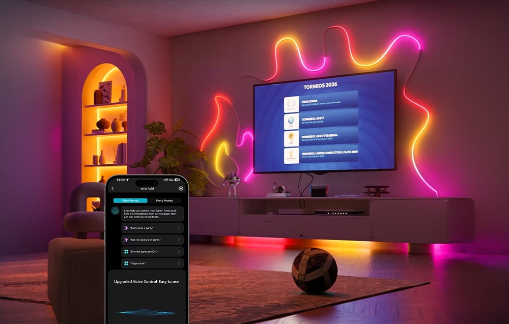 Visualization of a living room with LED lighting and a smartphone. The phone screen shows an app for controlling the neon strip.