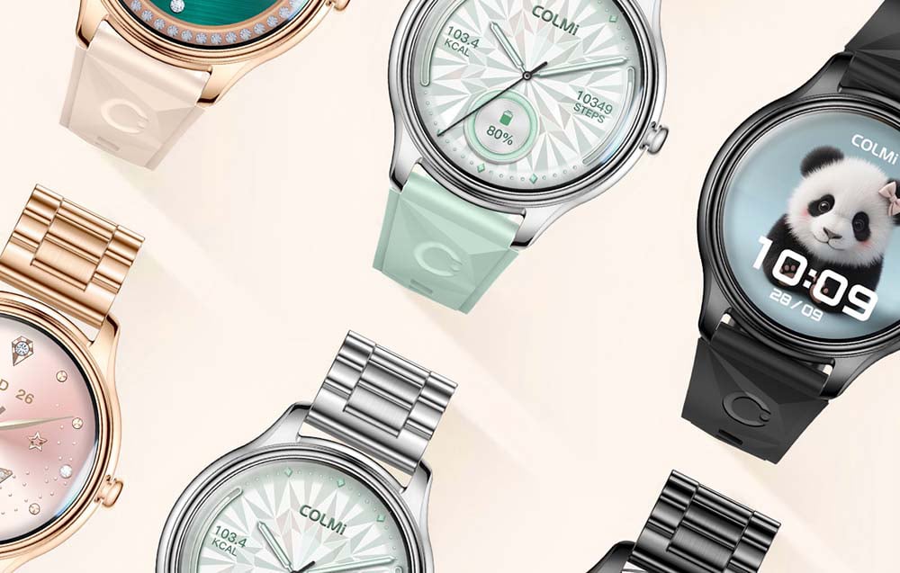 A set of different models and colors of COLMI smartwatches, including versions with gold and silver bracelets and black and mint rubber straps.