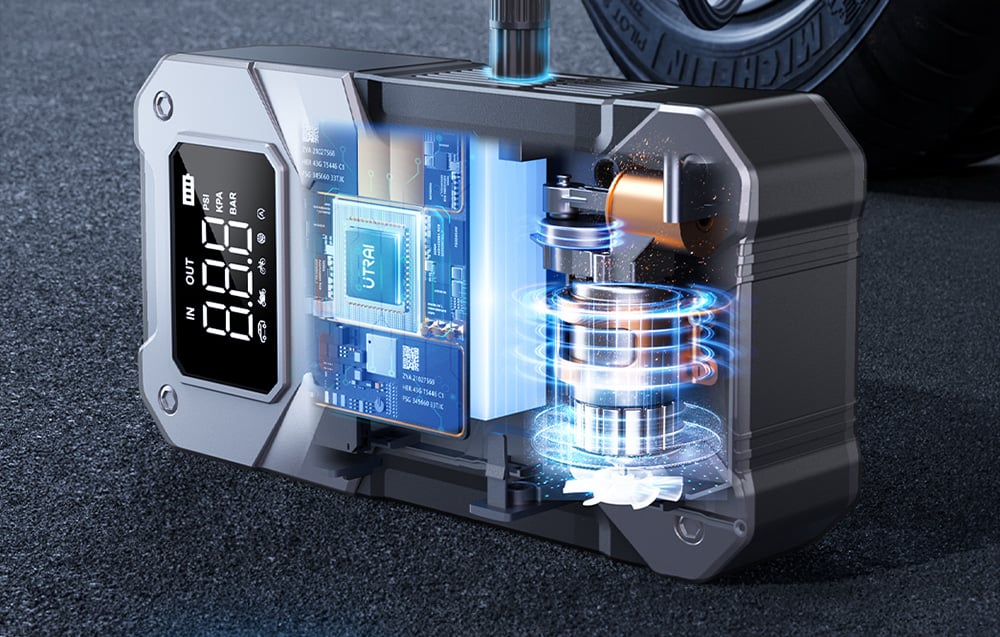 A cross-section of the car jump starter showing the internal motor, battery, and integrated circuit.