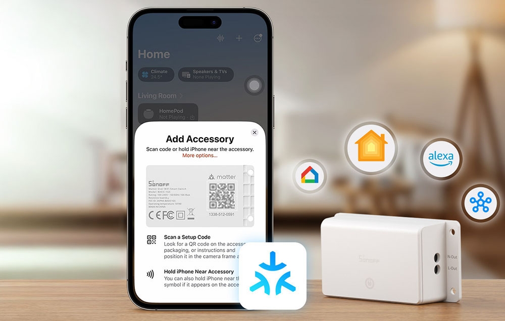 Smartphone displaying Matter accessory pairing screen with smart home platform icons.