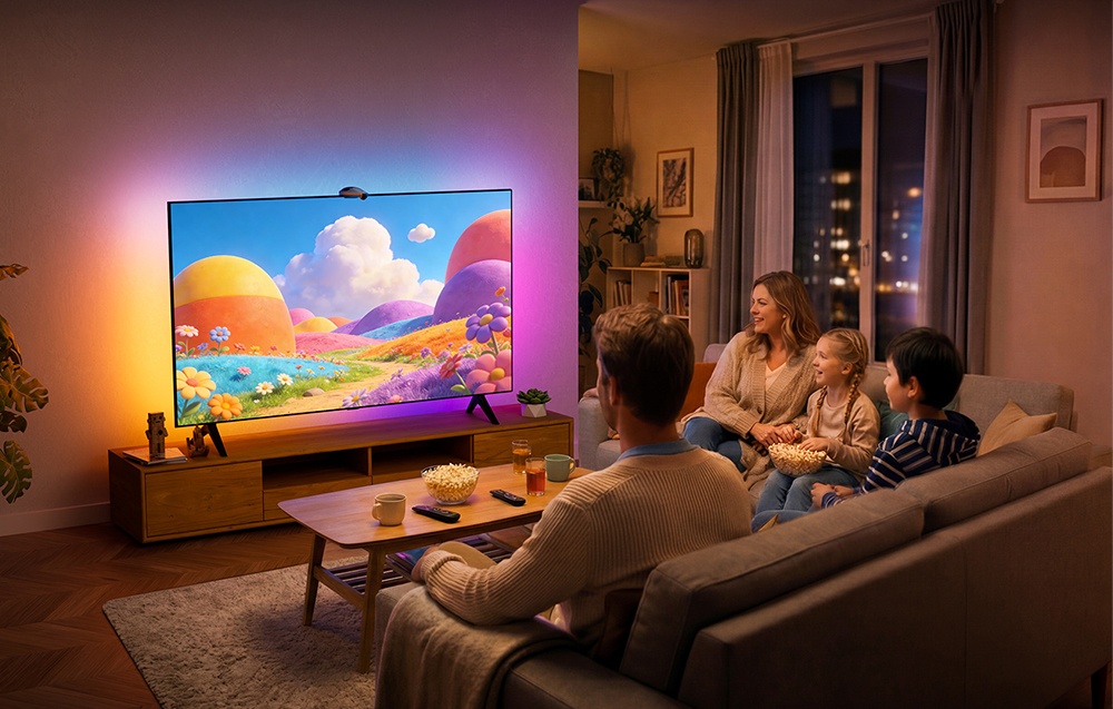 A family is sitting in front of the TV in the living room watching a cartoon; the room is lit up in colorful lights