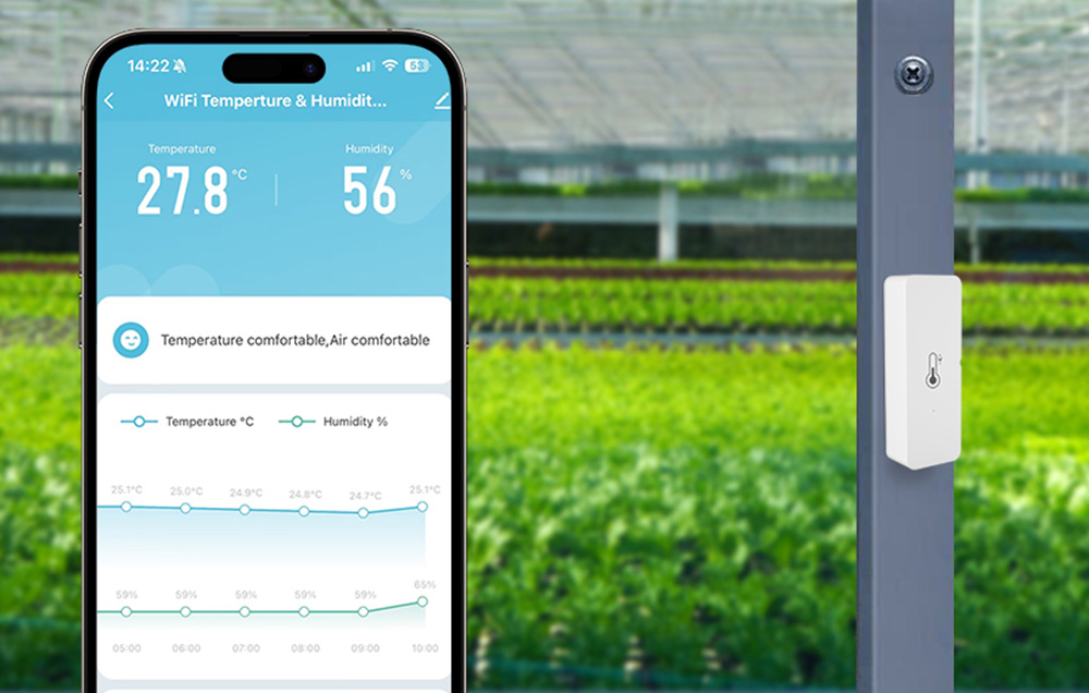 Temperature and humidity sensor mounted on a metal post in a greenhouse, next to a smartphone with an app showing a temperature of 27.8°C and humidity of 56%