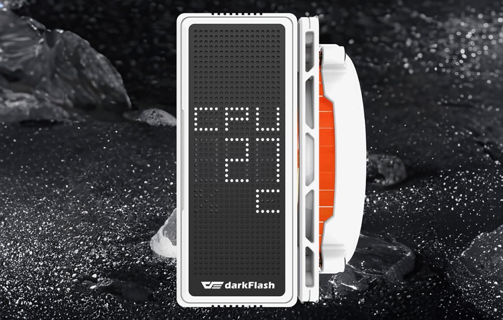 White Darkflash active cooling with LED display on a background of black rocks
