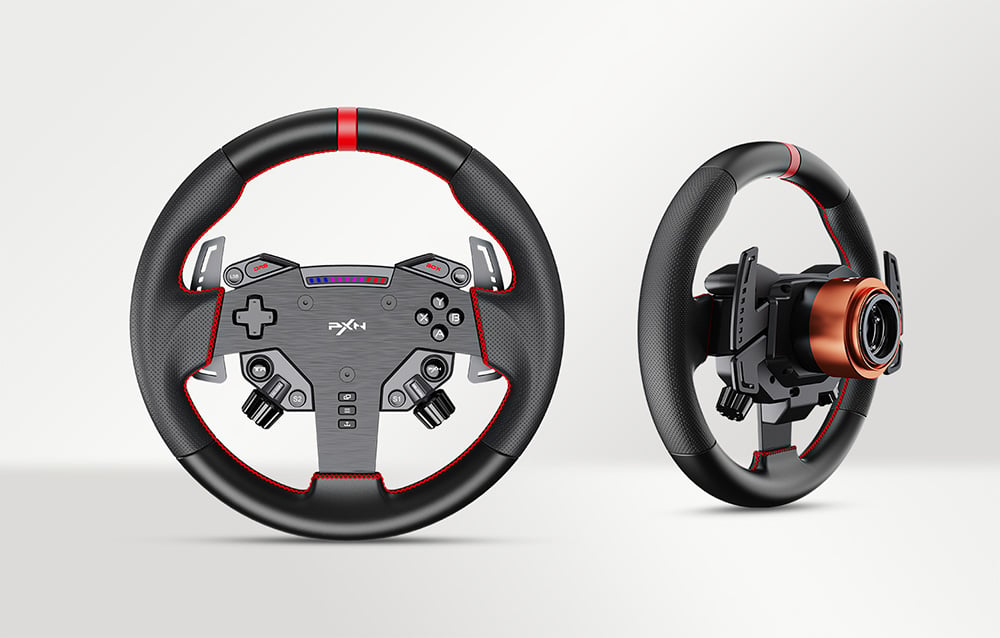 Two black gaming steering wheels on a gray background
