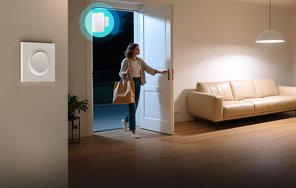 Woman entering the house in the evening into the lighted living room with the SONOFF switch visible on the wall to the left