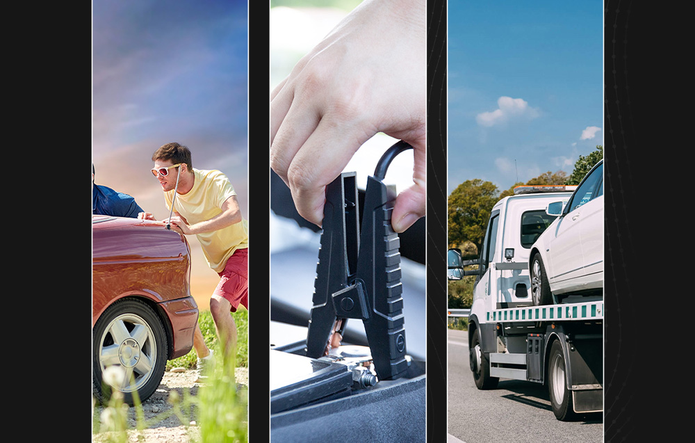 Three photos: men pushing a car, connecting a clamp to the battery, and a car on a tow truck.