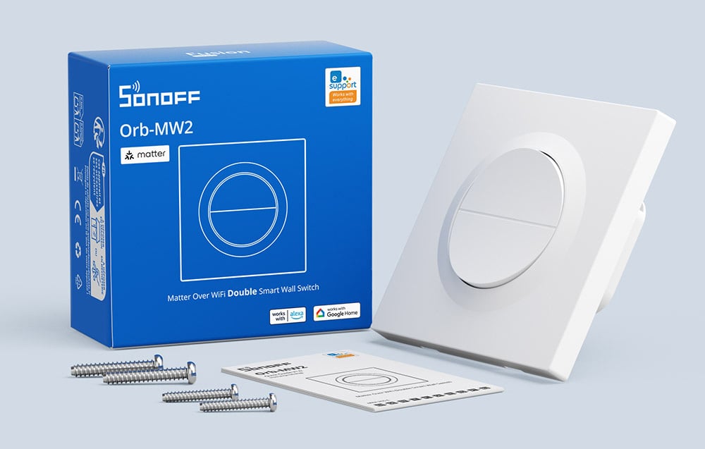 Blue SONOFF Orb-MW2 packaging next to two-channel Matter switch, mounting screws and user manuals
