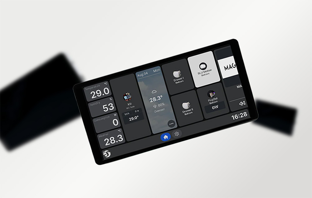 An artistic presentation of the silver Shelly X2i panel in landscape orientation on a light background with a striking blur in the background.