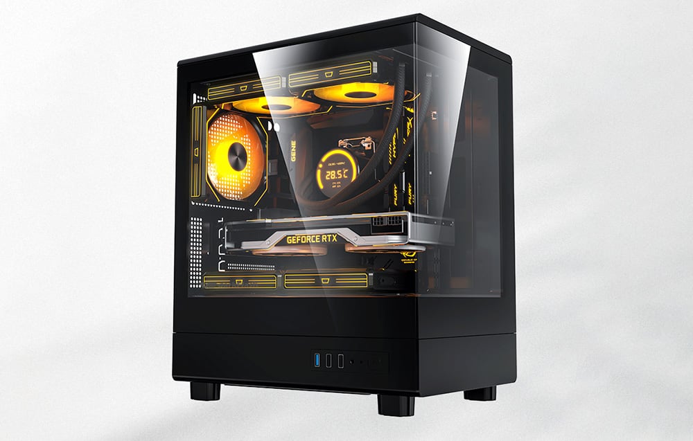 black computer case with drives inside on a gray background