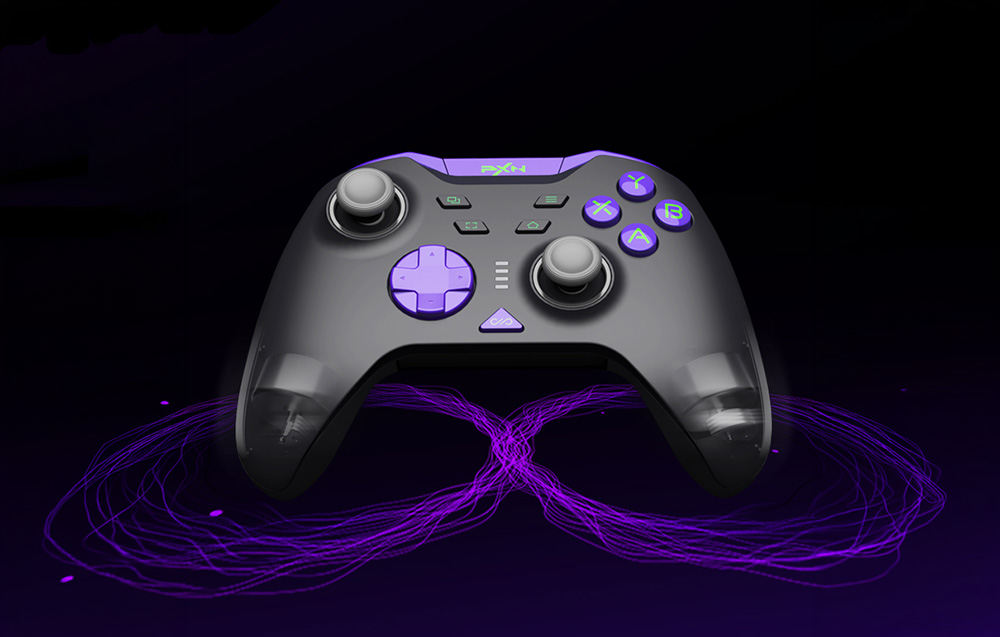 Black PXN controller with transparent grips above a purple light ribbon shaped like an infinity symbol