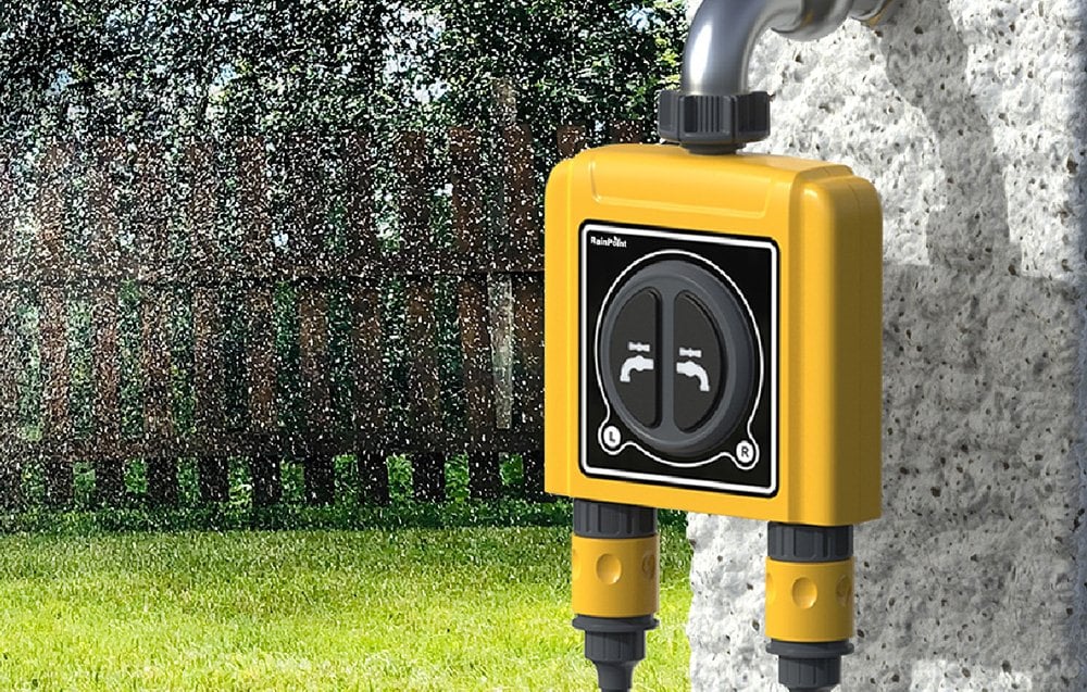 RainPoint irrigation controller with water drops on it.