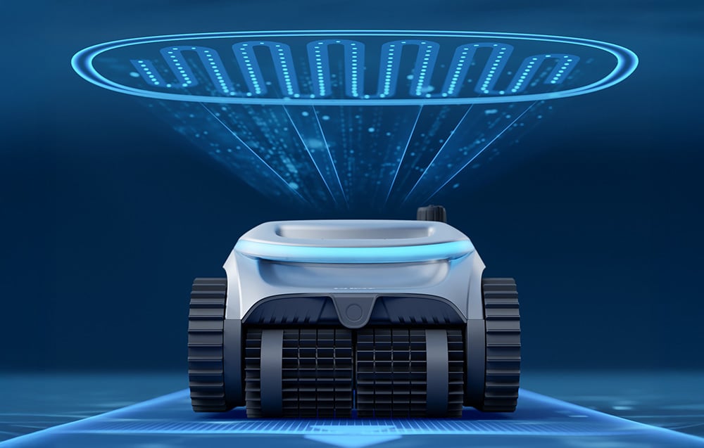 The cleaning robot scans the surface using a blue digital sensor