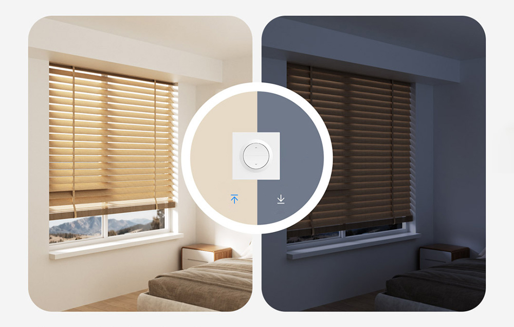 Two views of the bedroom - during the day with the blinds raised and at night with them lowered, with the switch in the center of the frame
