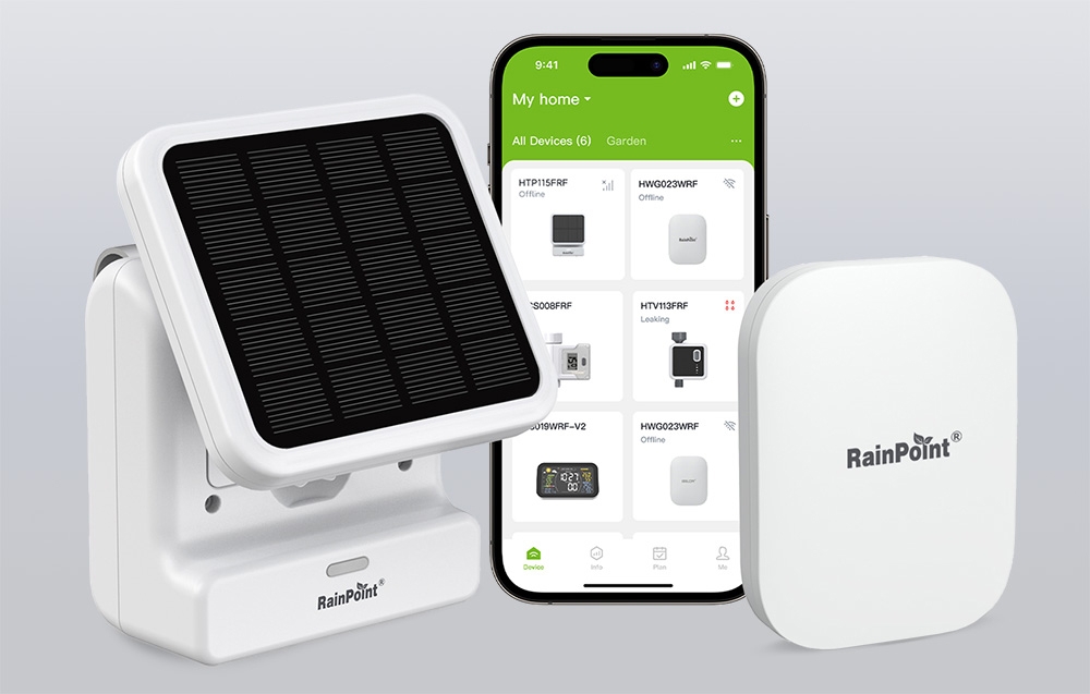 RainPoint kit consisting of solar panel, gateway and mobile app on smartphone